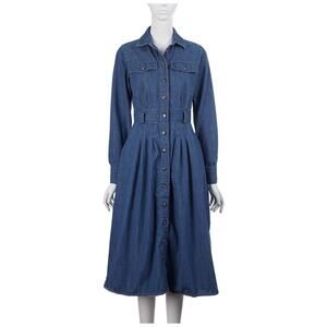 SEZANE Gwen Shirt Dress 34 2/XS Blue Denim Button Front Long Sleeve Midi Pockets